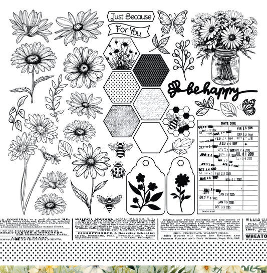 Reverse side of Bee Arty Daisy Daze Collection Cover 12x12 paper showing the Cut & Colour sheet with detailed black and white line-art illustrations of daisy blooms, bumblebees, butterflies, hexagons, a mason jar bouquet, gift tags, and vintage text elements