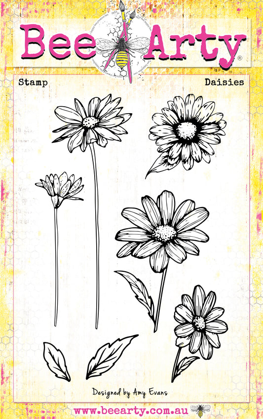 Bee Arty Daisies Clear Stamp Set showing 7 detailed botanical daisy stamps including blooms in multiple sizes, stems, and leaves, on a 110mm x 160mm sheet, from the Daisy Daze collection by Amy Evans