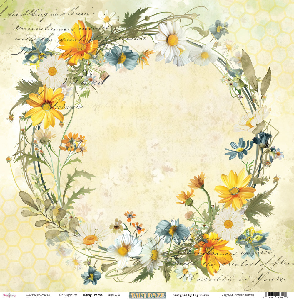 Front side of Bee Arty Daisy Frame 12x12 paper showing a full botanical wreath of watercolour white daisies, golden cosmos, blue nigella, chamomile, and wildflowers on a soft cream honeycomb and script background with an open centre for photos or journalling