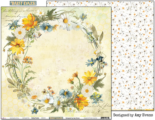 Bee Arty Daisy Daze Daisy Frame double-sided 12x12 scrapbook paper showing the botanical wreath front and the scattered mini daisy print reverse, from the Daisy Daze collection by Amy Evans