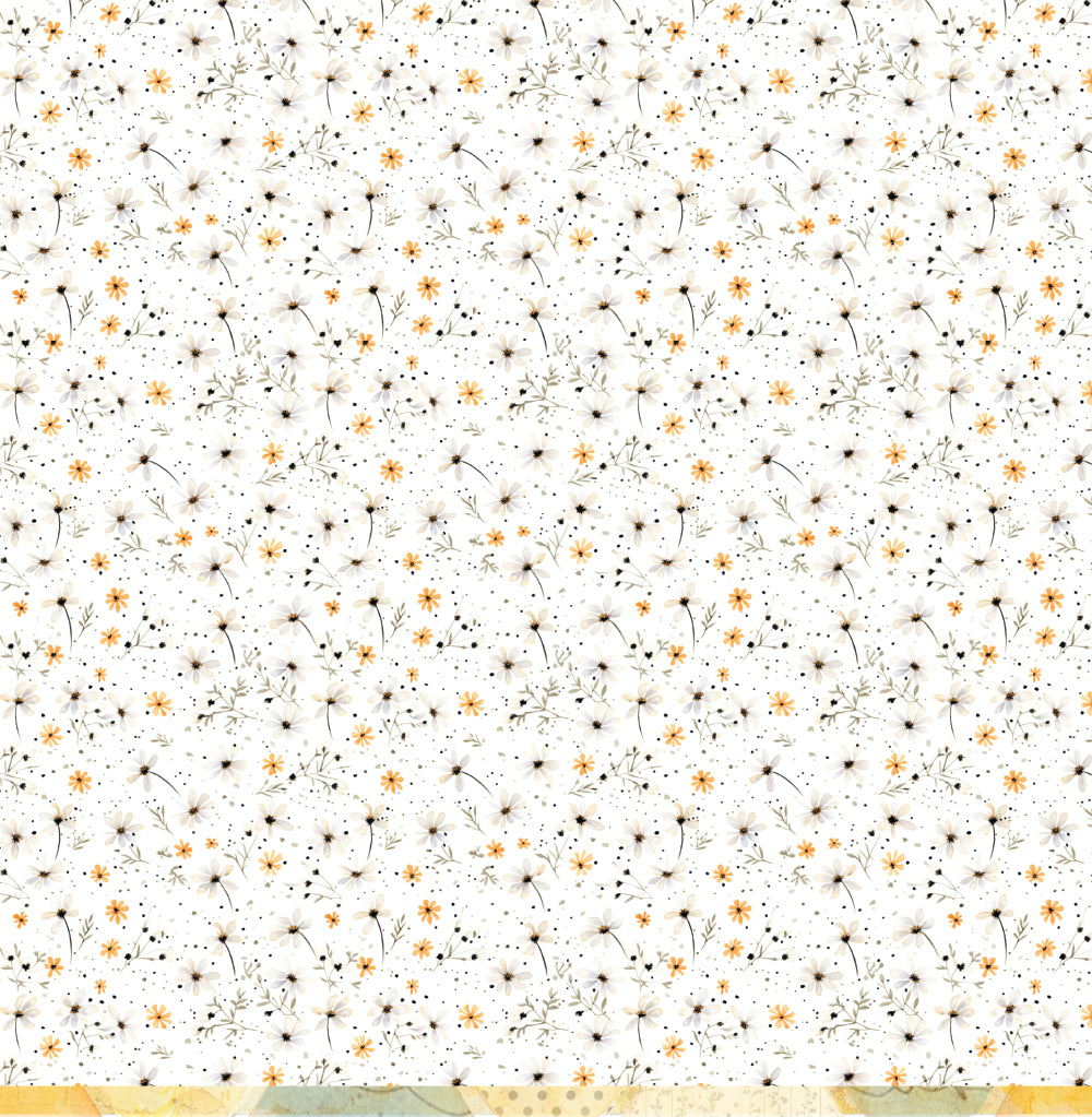 Reverse side of Bee Arty Daisy Frame 12x12 paper showing a fresh white background with an all-over scattered pattern of mini white and golden daisy and cosmos blooms with delicate foliage sprigs and ink spatter