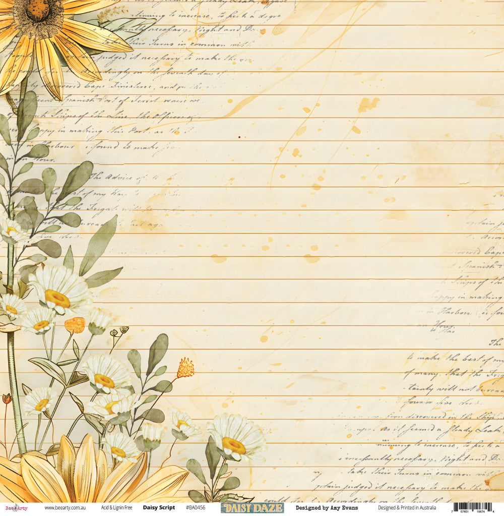 Front side of Bee Arty Daisy Script 12x12 paper showing a warm cream lined journal background with aged script overlay and a lush botanical border of watercolour daisies, sunflowers, chamomile blooms, and eucalyptus foliage