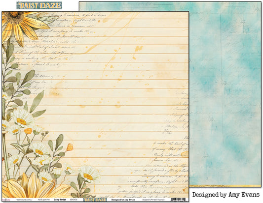 Bee Arty Daisy Daze Daisy Script double-sided 12x12 scrapbook paper showing the warm cream lined journal front with botanical border and the soft blue French script reverse, from the Daisy Daze collection by Amy Evans