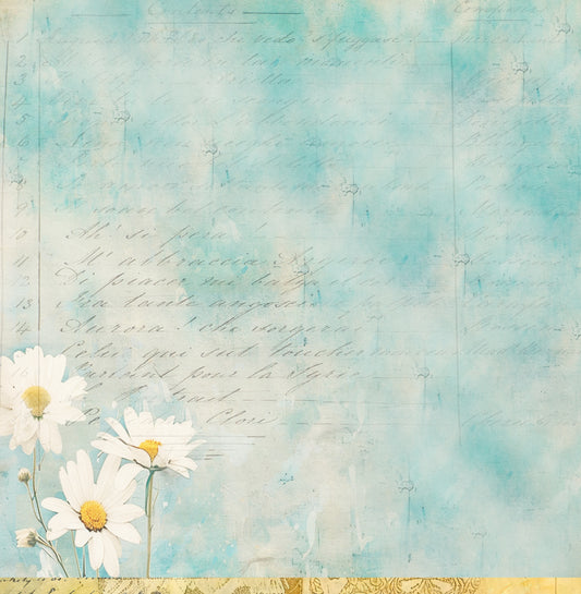 Reverse side of Bee Arty Daisy Script 12x12 paper showing a dreamy soft blue watercolour wash with a numbered French script overlay and white daisy blooms in the lower left corner