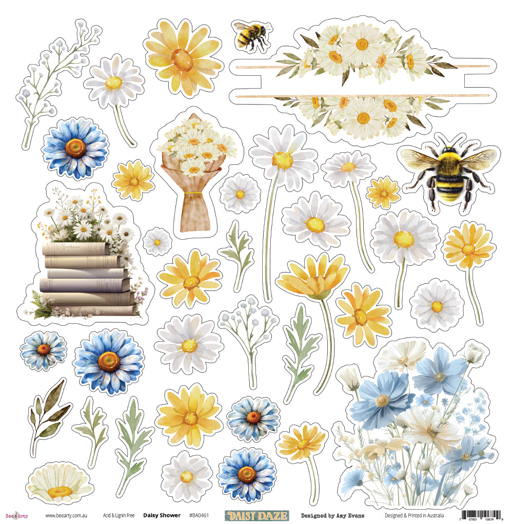 Front side of Bee Arty Daisy Shower 12x12 paper featuring watercolour daisies, blue cornflowers, a daisy bouquet, foliage sprigs, and a bumblebee on a white background