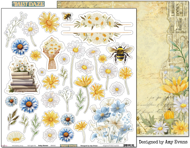 Bee Arty Daisy Daze Daisy Shower double-sided 12x12 scrapbook paper showing both the fussy-cut floral front and vintage golden reverse, from the Daisy Daze collection by Amy Evans