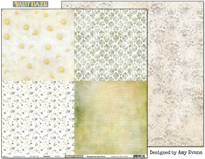 Bee Arty Daisy Daze Damask double-sided 12x12 scrapbook paper showing the four-design front and the soft tonal damask reverse, from the Daisy Daze collection by Amy Evans