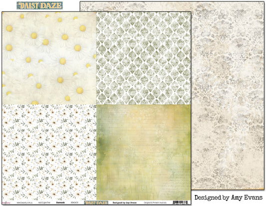 Bee Arty Daisy Daze Damask double-sided 12x12 scrapbook paper showing the four-design front and the soft tonal damask reverse, from the Daisy Daze collection by Amy Evans