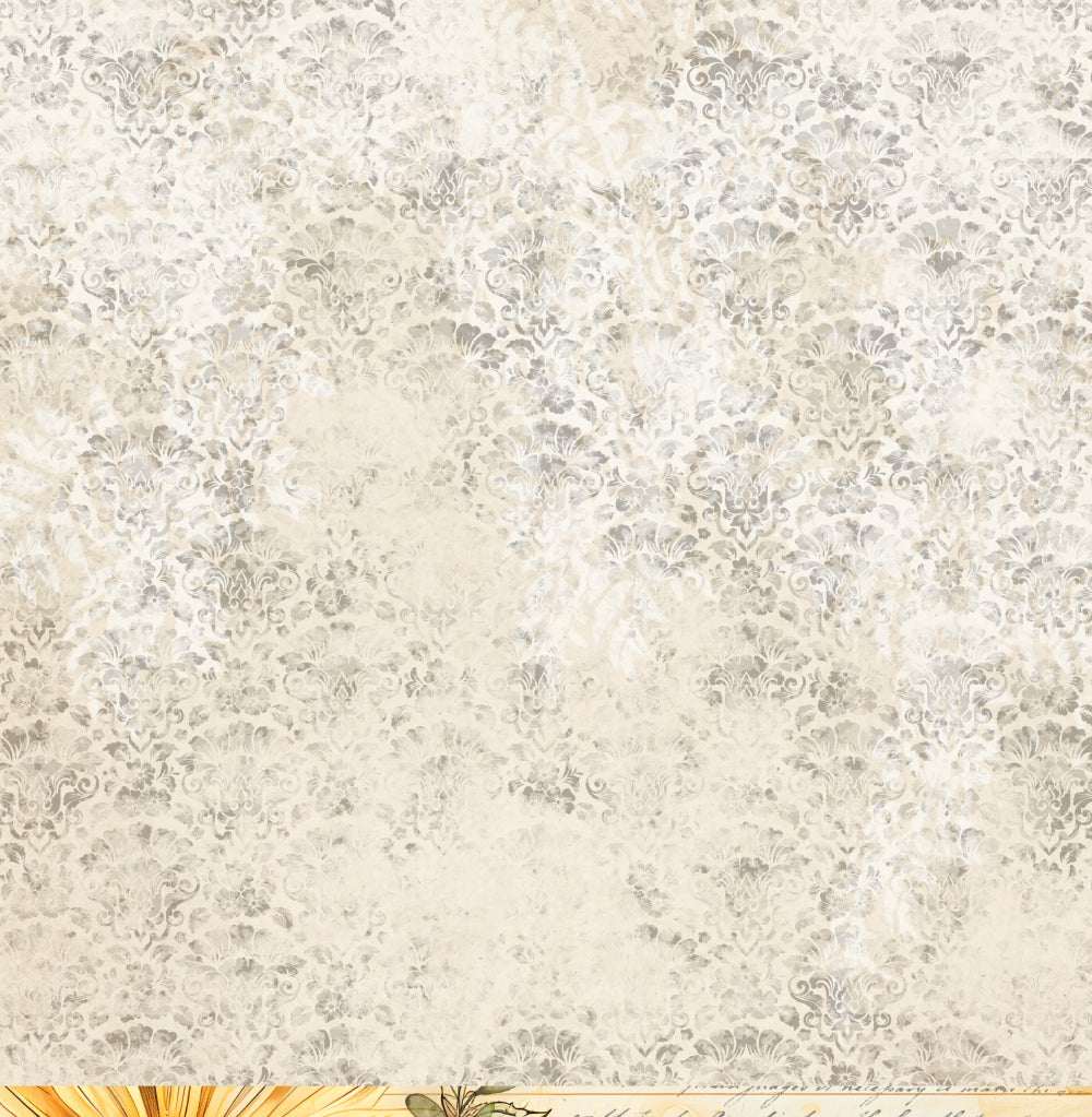 Reverse side of Bee Arty Daisy Daze Damask 12x12 paper showing a full-sheet soft cream and grey tonal damask pattern with an aged watercolour-washed finish