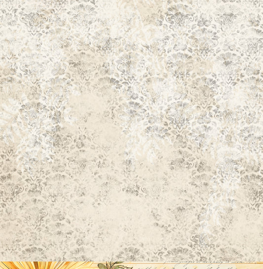 Reverse side of Bee Arty Daisy Daze Damask 12x12 paper showing a full-sheet soft cream and grey tonal damask pattern with an aged watercolour-washed finish