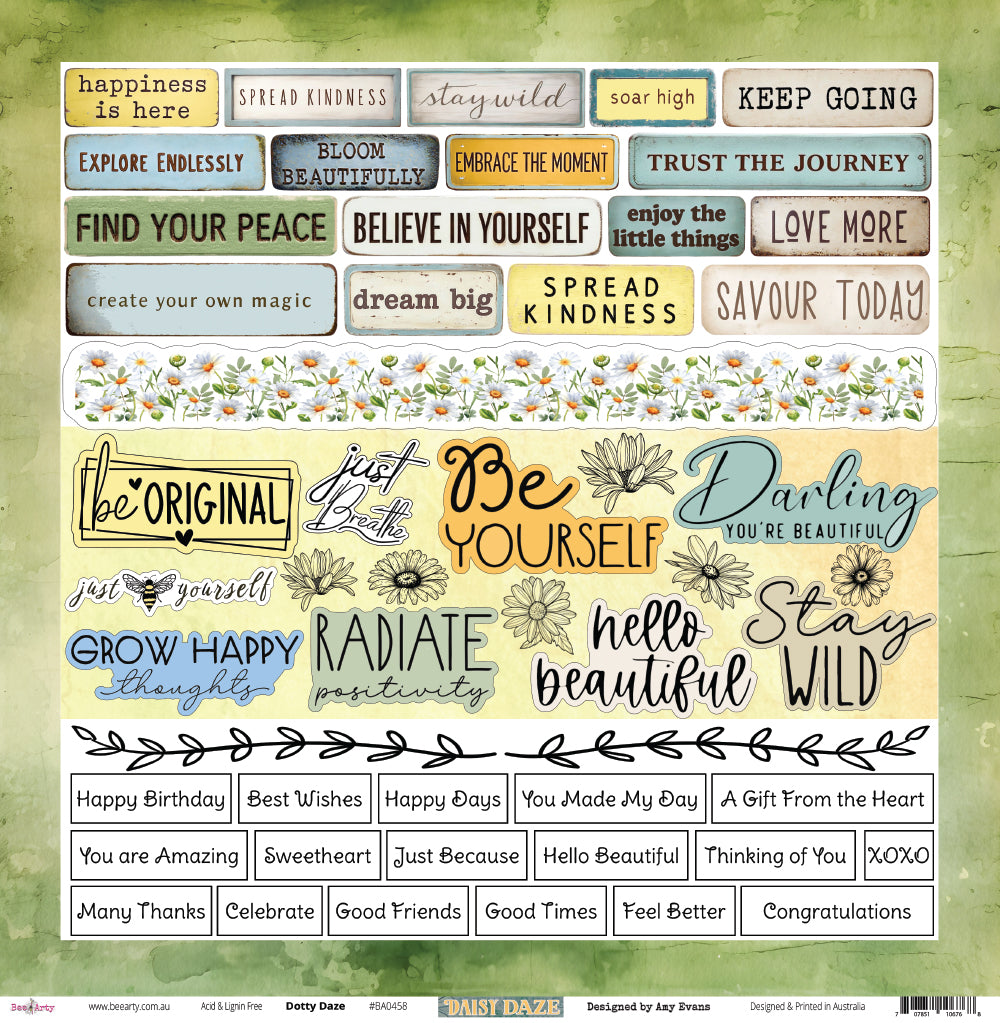 Front side of Bee Arty Dotty Daze 12x12 paper showing a word and sentiment sheet with a lush green watercolour frame border, inspirational word art tiles, fussy-cut sentiments, a daisy border strip, and occasion labels including Happy Birthday, Best Wishes, and Congratulations