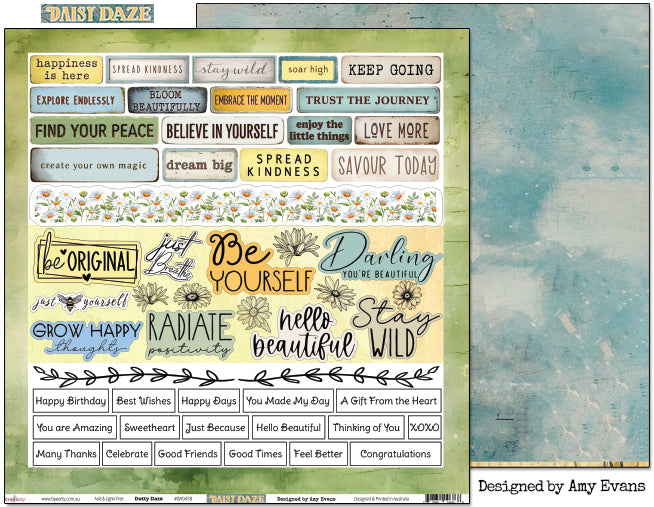 Bee Arty Daisy Daze Dotty Daze double-sided 12x12 scrapbook paper showing the word and sentiment front with green watercolour frame border and the soft blue polka dot reverse, from the Daisy Daze collection by Amy Evans