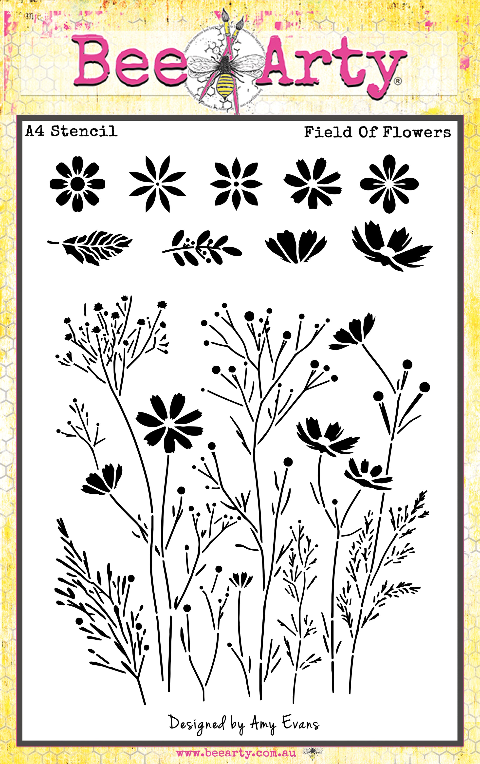 Bee Arty Field of Flowers A4 Stencil showing a large wildflower meadow scene with tall stems, cosmos blooms and grasses, plus a row of individual daisy and foliage motifs, from the Daisy Daze collection by Amy Evans