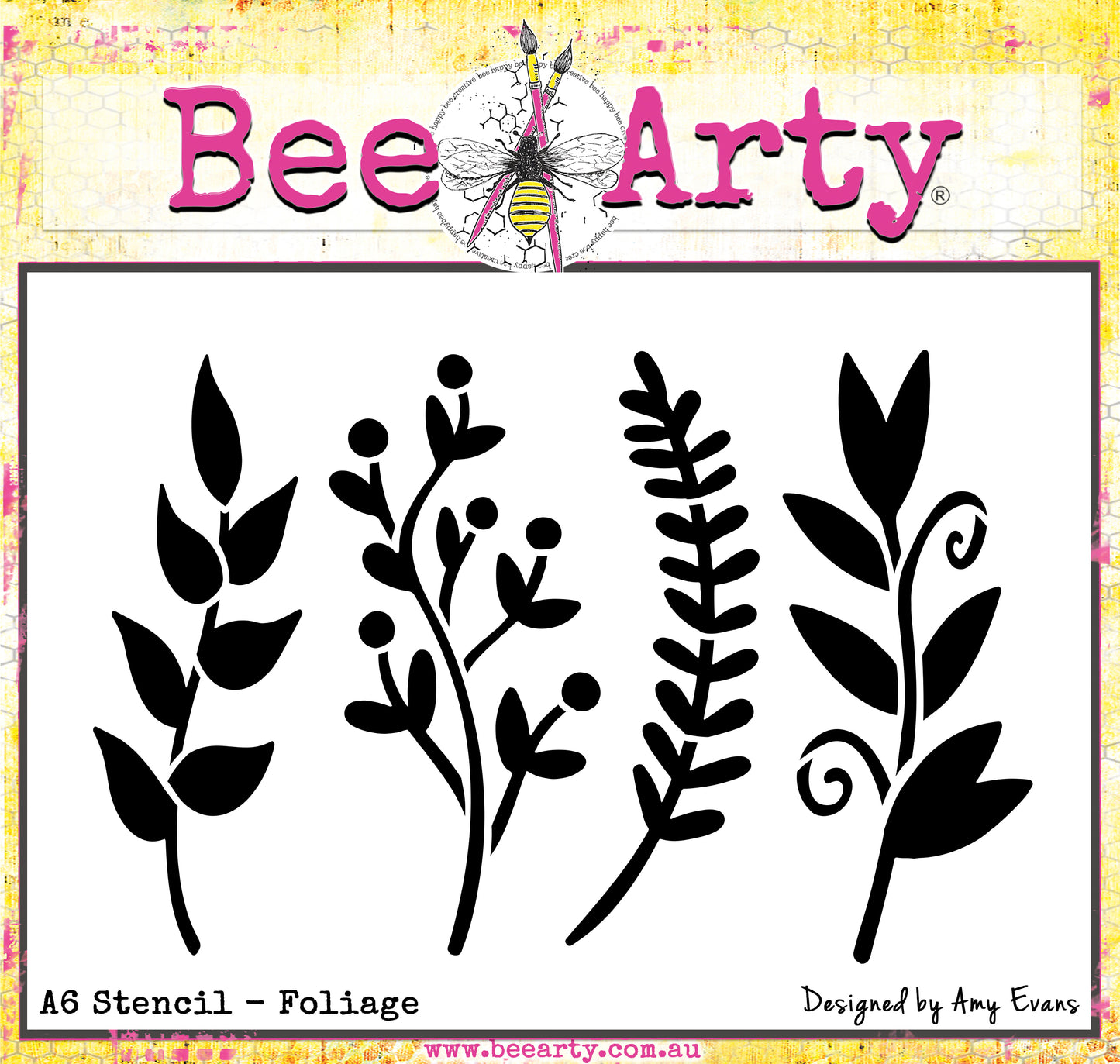 Bee Arty Foliage A6 Stencil showing 4 botanical foliage designs including a leafy stem, berry branch, feathery frond, and curling vine, from the Daisy Daze collection by Amy Evans