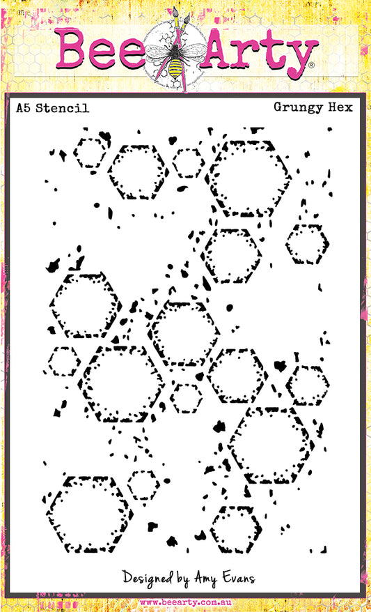 Bee Arty Grungy Hex A5 Stencil showing an all-over distressed honeycomb hexagon pattern on an A5 sheet, from the Daisy Daze collection by Amy Evans