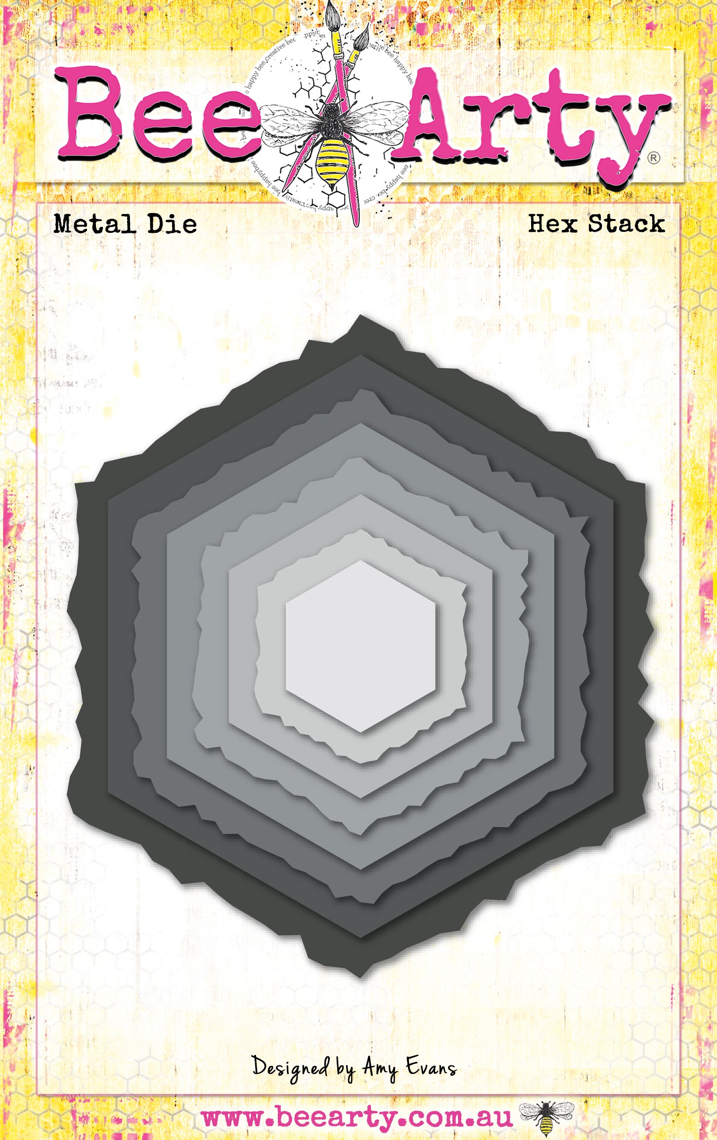 Bee Arty Hex Stack Metal Die set showing 8 nesting hexagon dies with straight and textured edges, ranging from 25mm to 95mm, from the Daisy Daze collection
