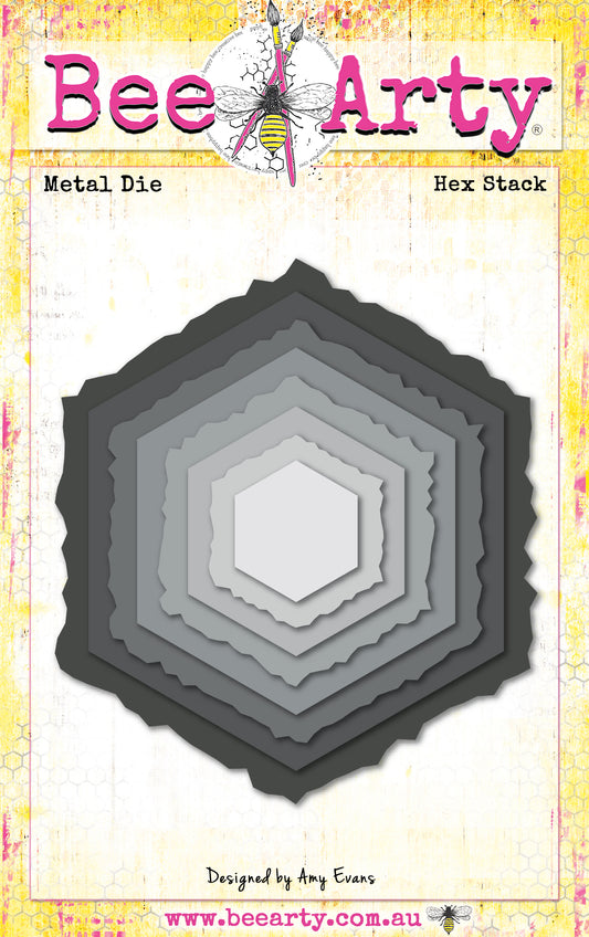 Bee Arty Hex Stack Metal Die set showing 8 nesting hexagon dies with straight and textured edges, ranging from 25mm to 95mm, from the Daisy Daze collection