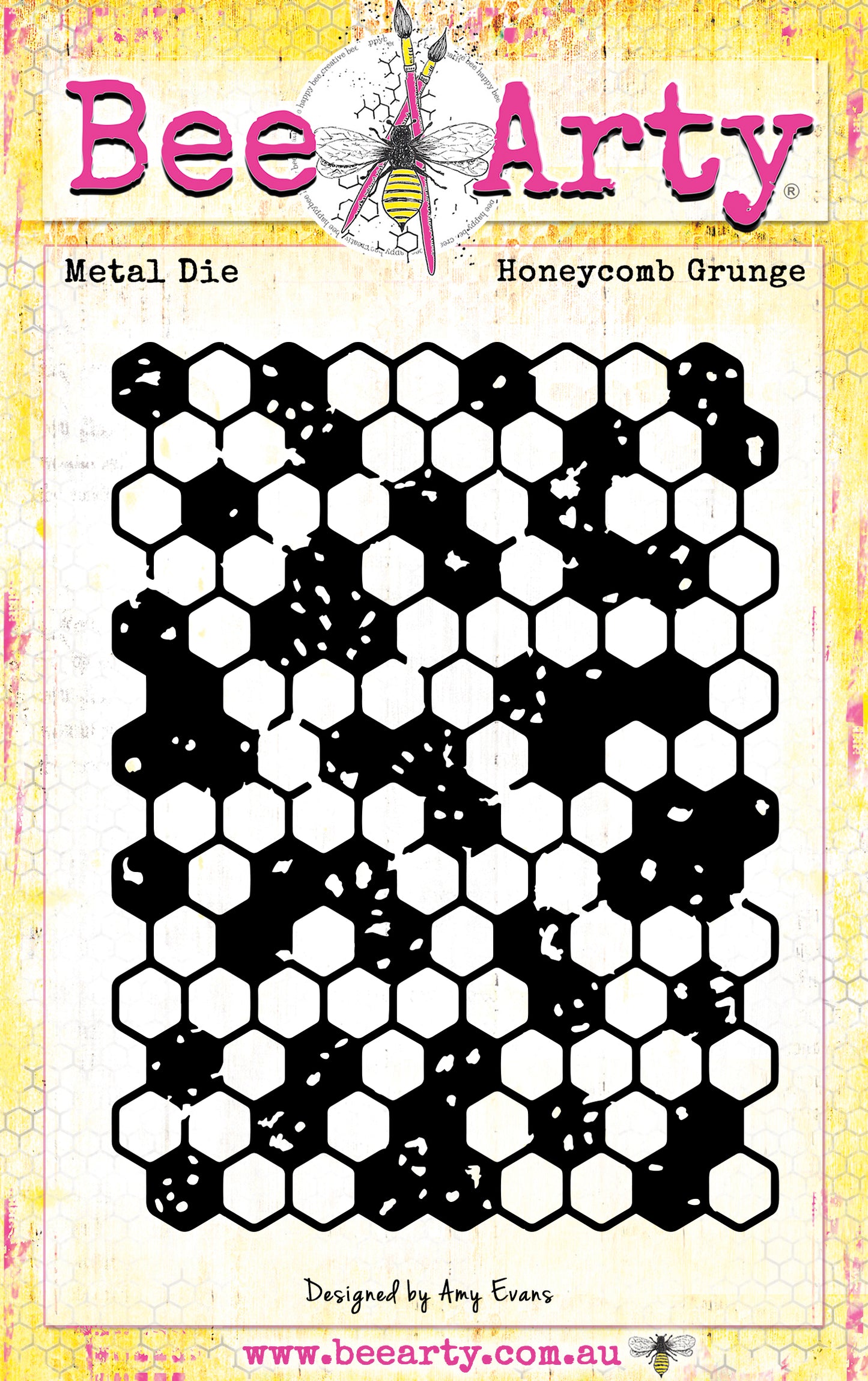 Bee Arty Honeycomb Grunge Metal Die showing a large 110mm x 140mm honeycomb pattern with grunge-style texture, from the Daisy Daze collection by Amy Evans