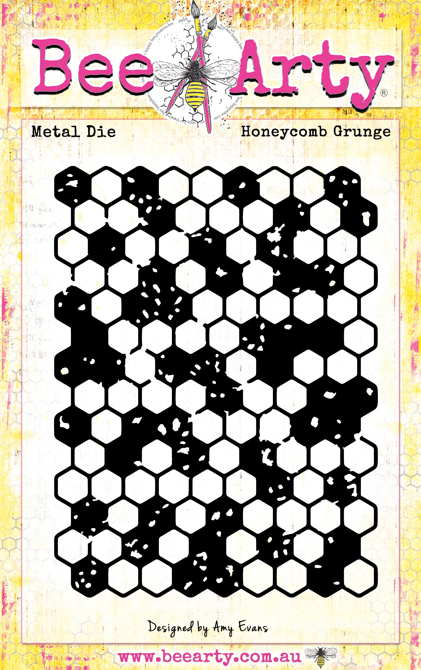 Bee Arty Honeycomb Grunge Metal Die showing a large 110mm x 140mm honeycomb pattern with grunge-style texture, from the Daisy Daze collection by Amy Evans