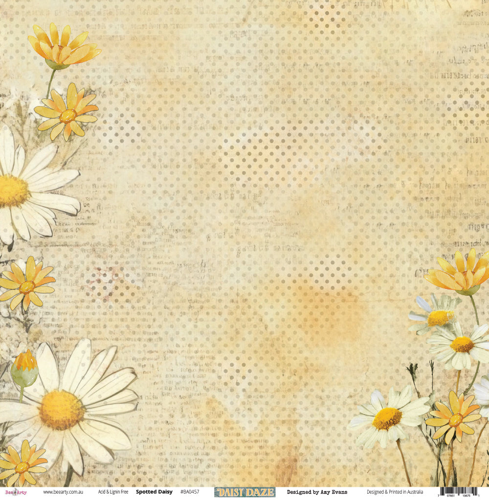 Front side of Bee Arty Spotted Daisy 12x12 paper showing white and golden yellow daisy blooms framing a warm polka dot and vintage text background, with an open centre for photos or journalling