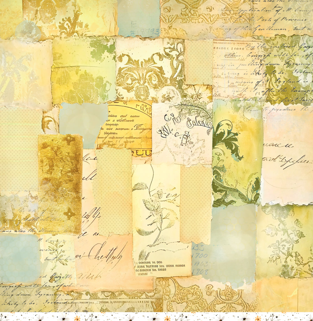 Reverse side of Bee Arty Spotted Daisy 12x12 paper showing a richly layered vintage collage of torn paper pieces, handwritten script, damask motifs, and botanical line art in soft gold, sage, and cream tones
