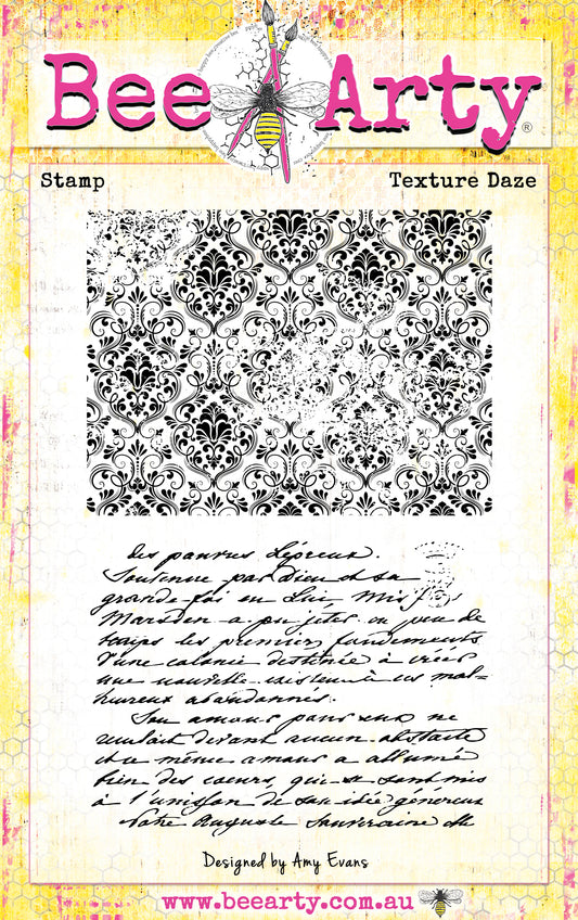 Bee Arty Texture Daze Clear Stamp Set showing two 100mm x 75mm stamps — an ornate grunge damask pattern and flowing French script — from the Daisy Daze collection by Amy Evans