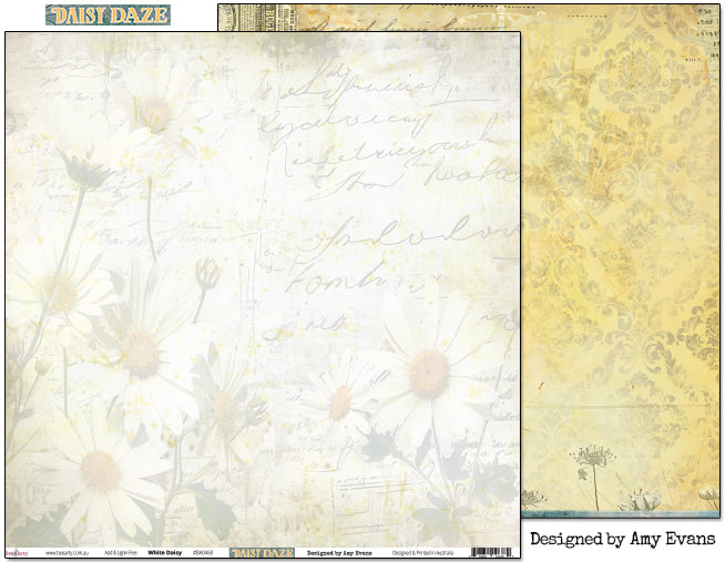 Bee Arty Daisy Daze White Daisy double-sided 12x12 scrapbook paper showing both the soft all-over white daisy front and the golden vintage reverse, from the Daisy Daze collection by Amy Evans