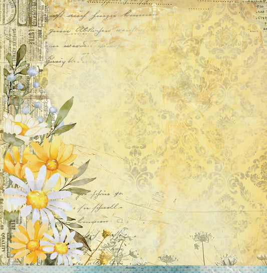 Reverse side of Bee Arty White Daisy 12x12 paper showing a warm golden vintage background with script, damask texture, and a yellow and white daisy floral corner detail