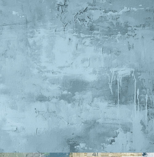 Bee Arty Apricot Delight 12x12 paper reverse featuring soft grey-blue painterly background with weathered textures from Measured Moments Collection by Karen Louwen