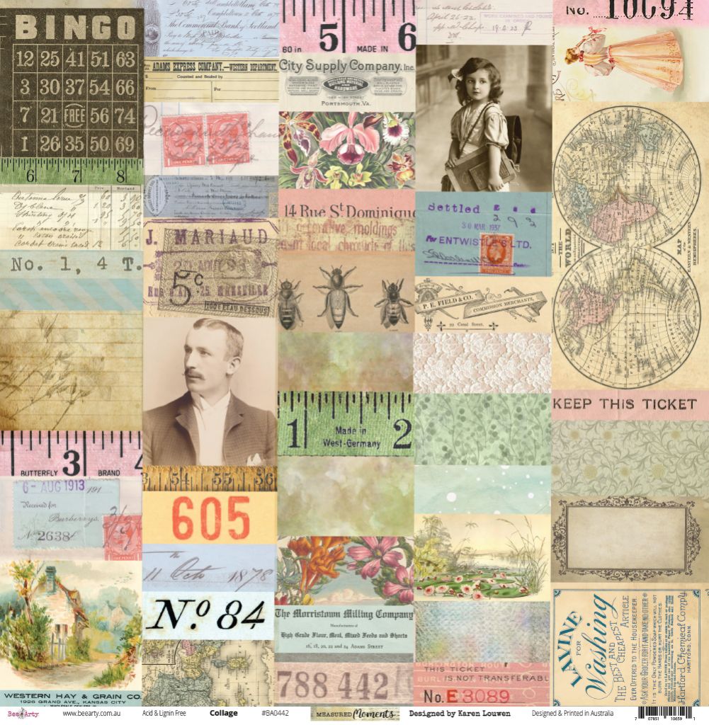 Bee Arty Collage 12x12 paper front featuring vintage ephemera including bingo card, ruler markings, sepia photographs, botanical florals, bees, tickets, postage stamps, handwritten script, ornate frames and world map hemispheres from Measured Moments Collection by Karen Louwen