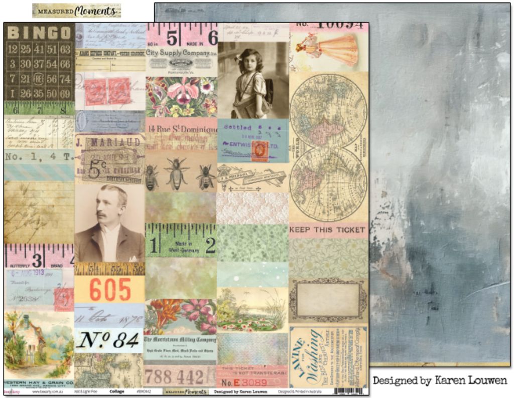 Bee Arty Collage 12x12 double-sided paper showing vintage ephemera collage front and soft grey-blue weathered texture reverse from Measured Moments Collection by Karen Louwen