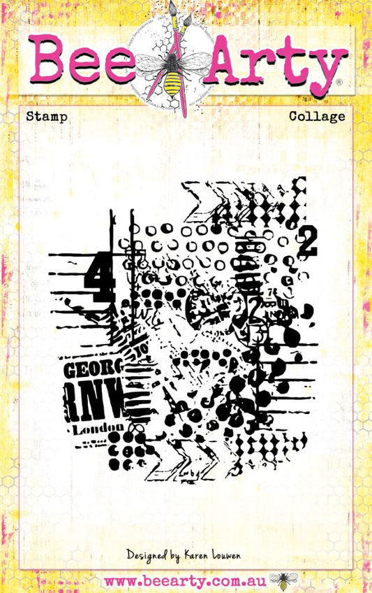 Bee Arty Collage clear acrylic stamp featuring urban-inspired collage design with numbers, geometric patterns, dots, chevrons, text fragments George and London from Measured Moments Collection