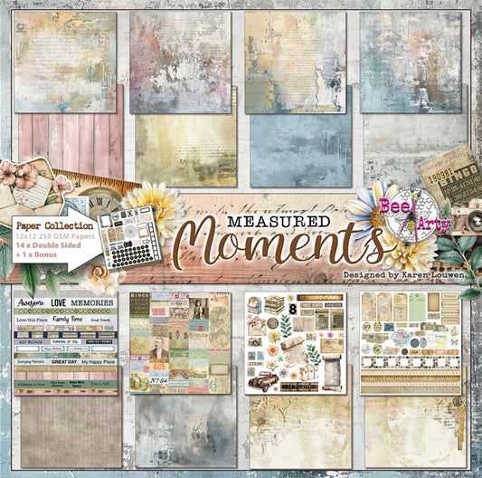 Bee Arty Measured Moments 12x12 Paper Collection Pack showing all fourteen double-sided papers including Apricot Delight, Collage, Ephemera, Just Because, Nine Inches, Rulers, Sunset Glow, Typographic and bonus Collection Cover Sheet with vintage ephemera, script, textures designed by Karen Louwen