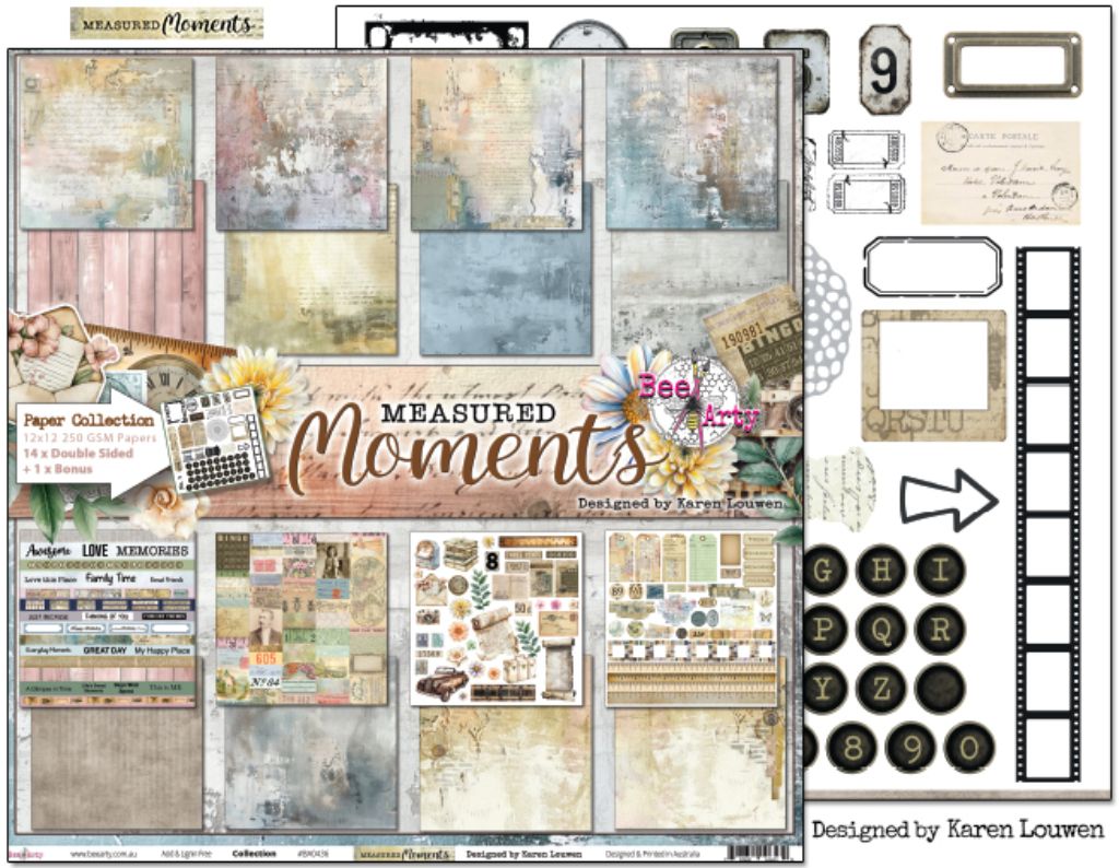 Bee Arty Measured Moments Collection Cover Sheet 12x12 double-sided paper showing vintage elements showcase front and fussy-cut elements reverse designed by Karen Louwen