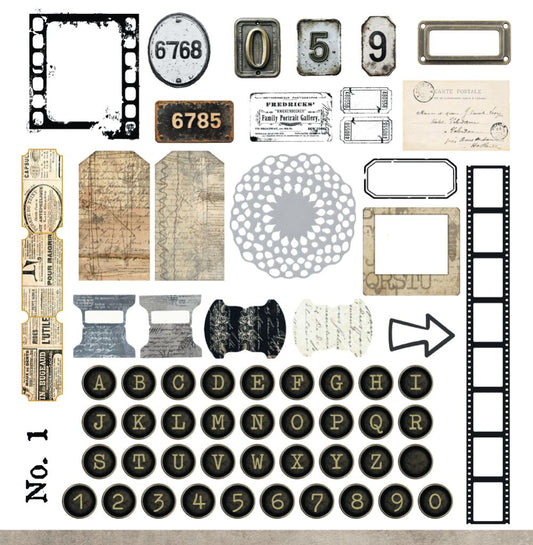 Bee Arty Measured Moments Collection Cover Sheet reverse featuring fussy-cut vintage typewriter alphabet and number keys, distressed number plates, frames, tags and embellishments designed by Karen Louwen