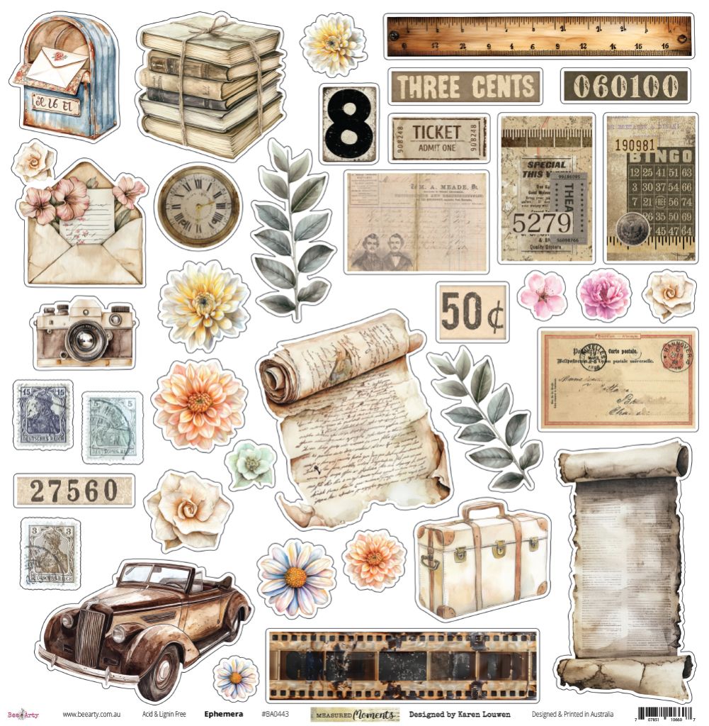 Bee Arty Ephemera 12x12 paper front featuring vintage fussy-cut elements including radio, stacked books, florals, foliage, clock, envelope, camera, scroll, suitcase, car, thread spool, film strip, ruler, tickets, number plates, bingo cards and postcards from Measured Moments Collection by Karen Louwen