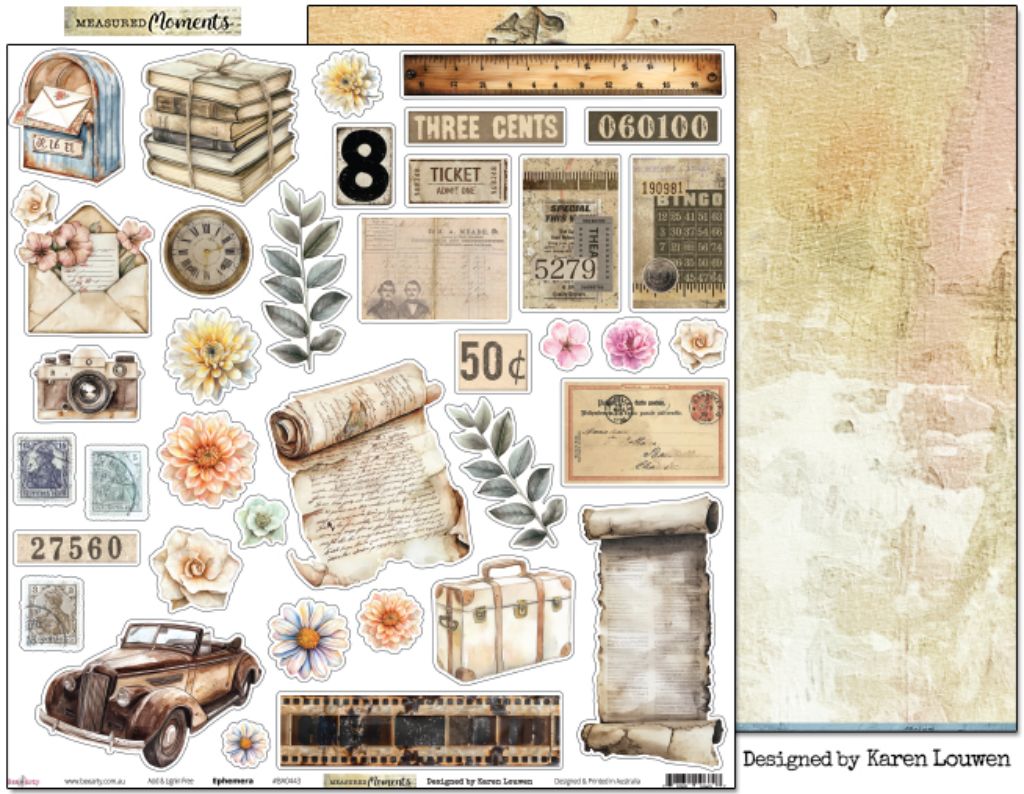 Bee Arty Ephemera 12x12 double-sided paper showing vintage fussy-cut elements front and soft weathered texture reverse in cream, peach and pale blue from Measured Moments Collection by Karen Louwen
