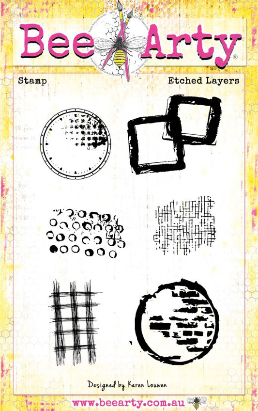 Bee Arty Etched Layers clear acrylic stamp set featuring six texture elements including distressed circle, brushstroke frames, scattered circles, crosshatch, sketchy grid and brick circle from Measured Moments Collection by Karen Louwen