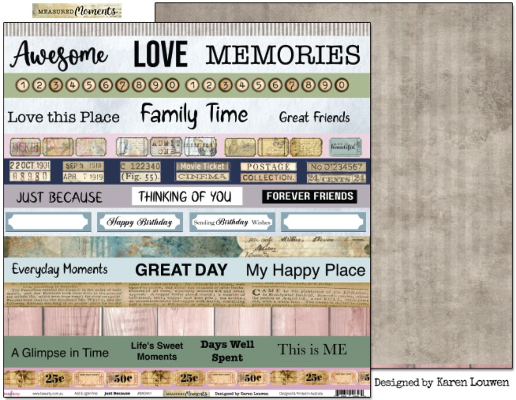 Bee Arty Just Because 12x12 double-sided paper showing sentiment strips and vintage elements front with soft weathered striped reverse in grey, cream and pink from Measured Moments Collection by Karen Louwen