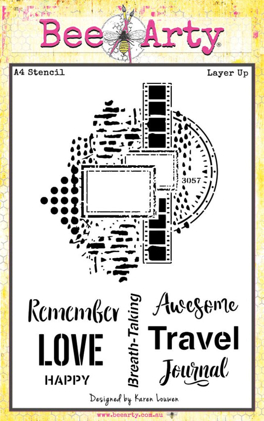 Bee Arty Layer Up A4 stencil featuring vintage travel journal elements including film strip, clock face, postage marks, dots and sentiments Remember, Love, Happy, Breath-Taking, Awesome, Travel and Journal from Measured Moments Collection