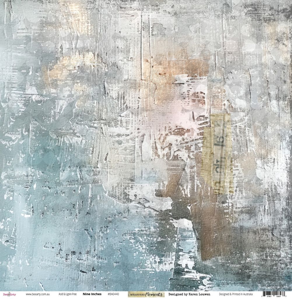 Bee Arty Nine Inches 12x12 paper front featuring layered abstract painted design with vertical brushstrokes in soft aqua blue, dusty pink, warm taupe, cream and grey with weathered distressed textures from Measured Moments Collection by Karen Louwen