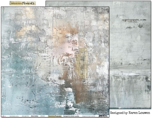 Bee Arty Nine Inches 12x12 double-sided paper showing abstract painted front in aqua, pink and taupe with soft weathered brick texture reverse in white, cream and pale grey from Measured Moments Collection by Karen Louwen