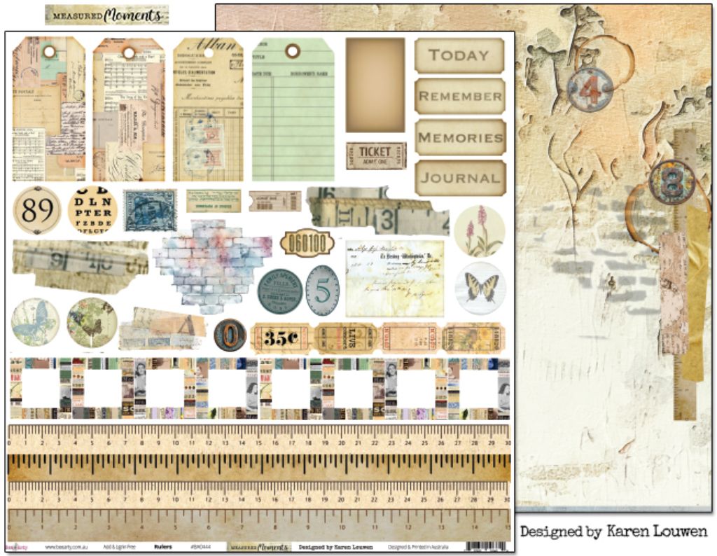 Bee Arty Rulers 12x12 double-sided paper showing vintage fussy-cut elements and ruler borders front with soft weathered cream and yellow texture reverse from Measured Moments Collection by Karen Louwen