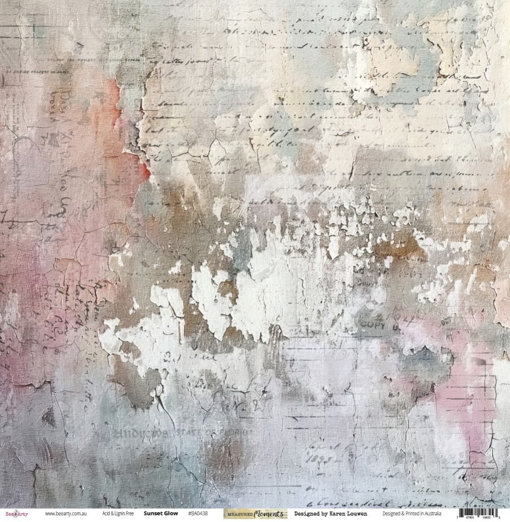 Bee Arty Sunset Glow 12x12 paper front featuring layered peeling paint design in dusty pink, mauve, cream, grey, sage green and pale blue with vintage script text and weathered distressed textures from Measured Moments Collection by Karen Louwen
