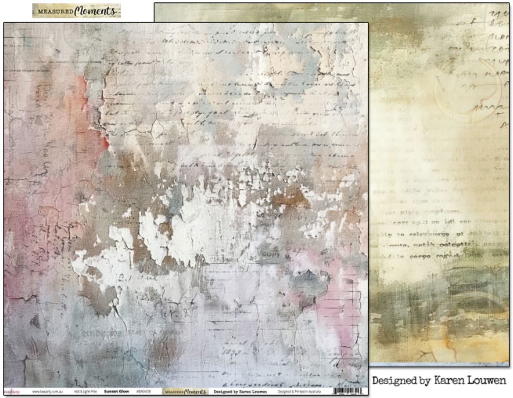Bee Arty Sunset Glow 12x12 double-sided paper showing peeling paint front in pink, grey and sage with soft golden glow reverse in cream, yellow and green from Measured Moments Collection by Karen Louwen