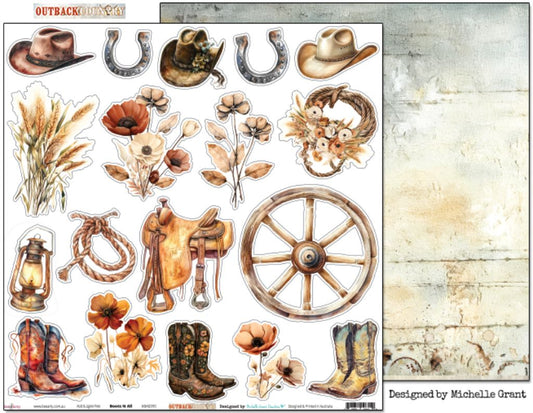 Bee Arty Boots n All 12x12 double-sided paper showing front with country icons including hats, boots, saddles and flowers, plus reverse preview