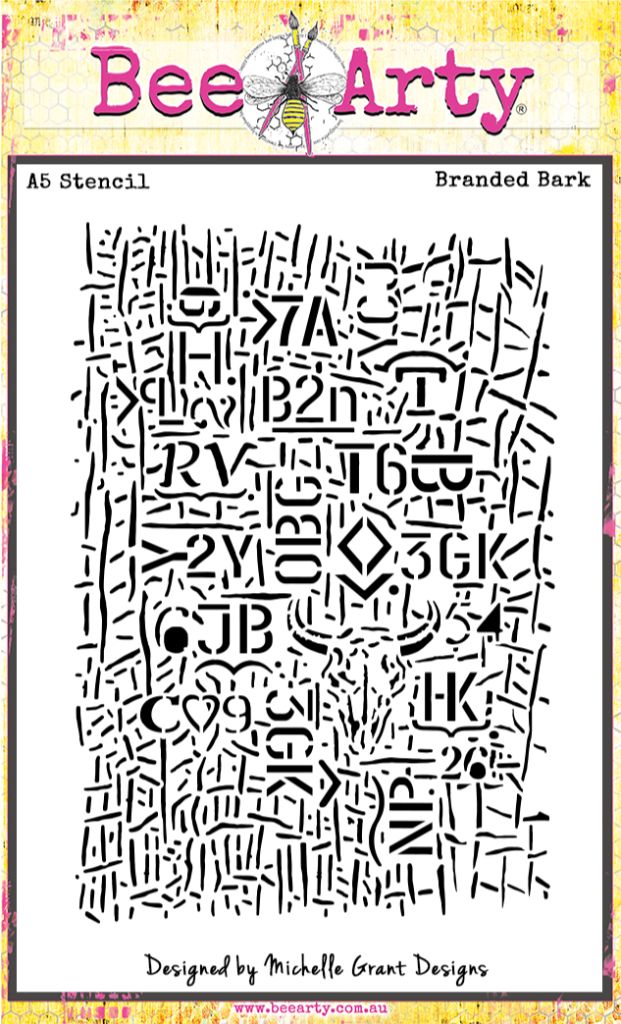 Bee Arty Branded Bark A5 stencil showing carved initials, letters and markings in tree bark texture from Outback Country Collection