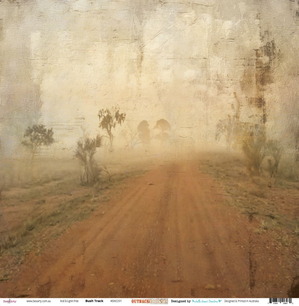 Bush Track paper front side featuring atmospheric dusty road disappearing into misty distance with gum trees in Australian outback