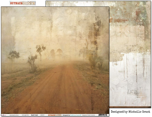 Bee Arty Bush Track 12x12 double-sided paper showing front with misty dirt road and gum trees, plus reverse preview