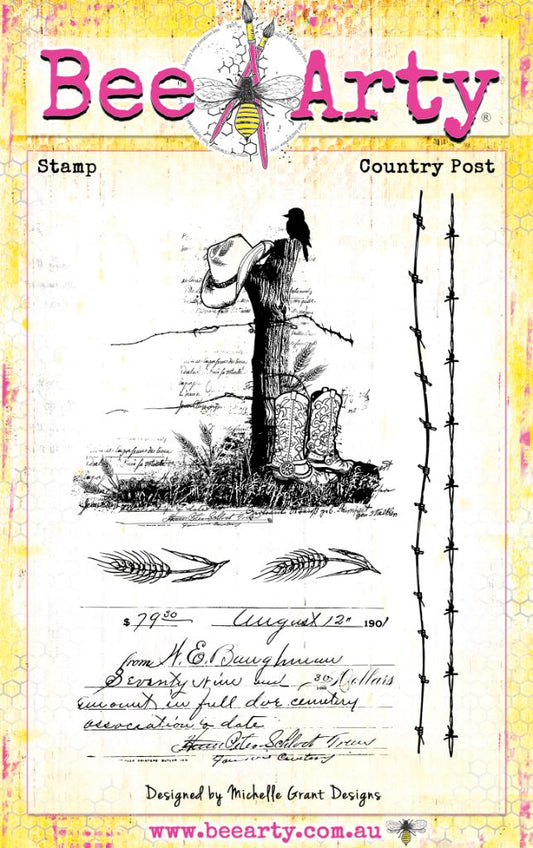 Bee Arty Country Post clear stamp set featuring weathered fence post with akubra hat, kookaburra on top, cowboy boots, wheat stalks, barbed wire and vintage script
